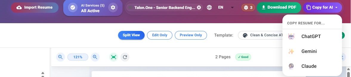 JobStacky Job Application - Copy resume data for AI chats