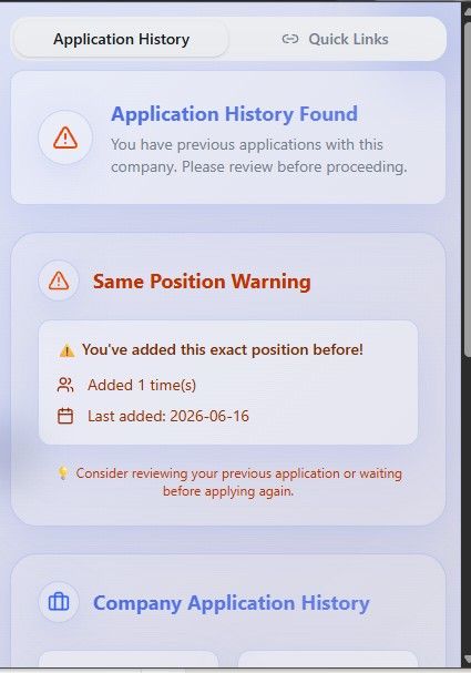 JobStacky Chrome Extension - View History of application for the same company or positions.
