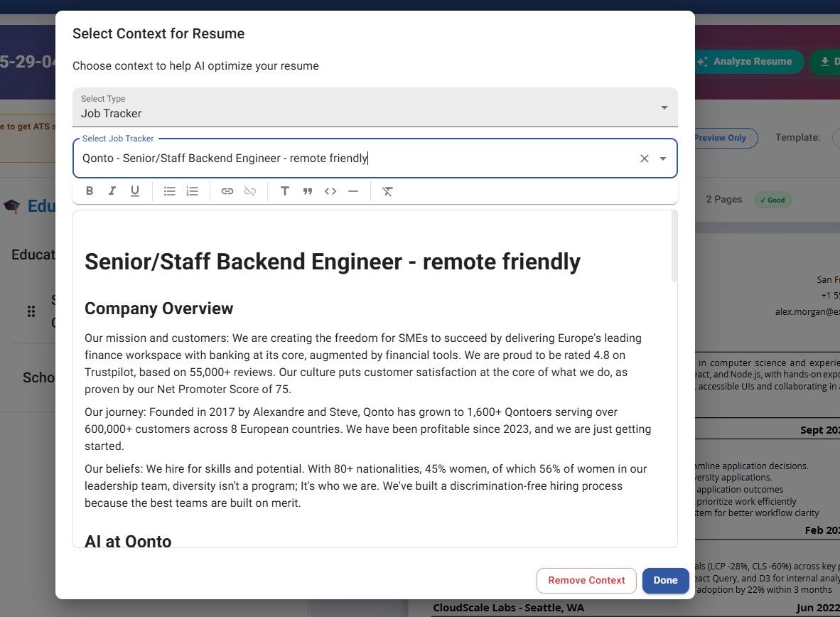 JobStacky Resume Builder Select context from JobStacky - Job Application Tracker