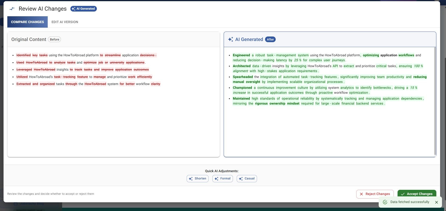 Jobstacky Resume Builder - Generated AI Content Review