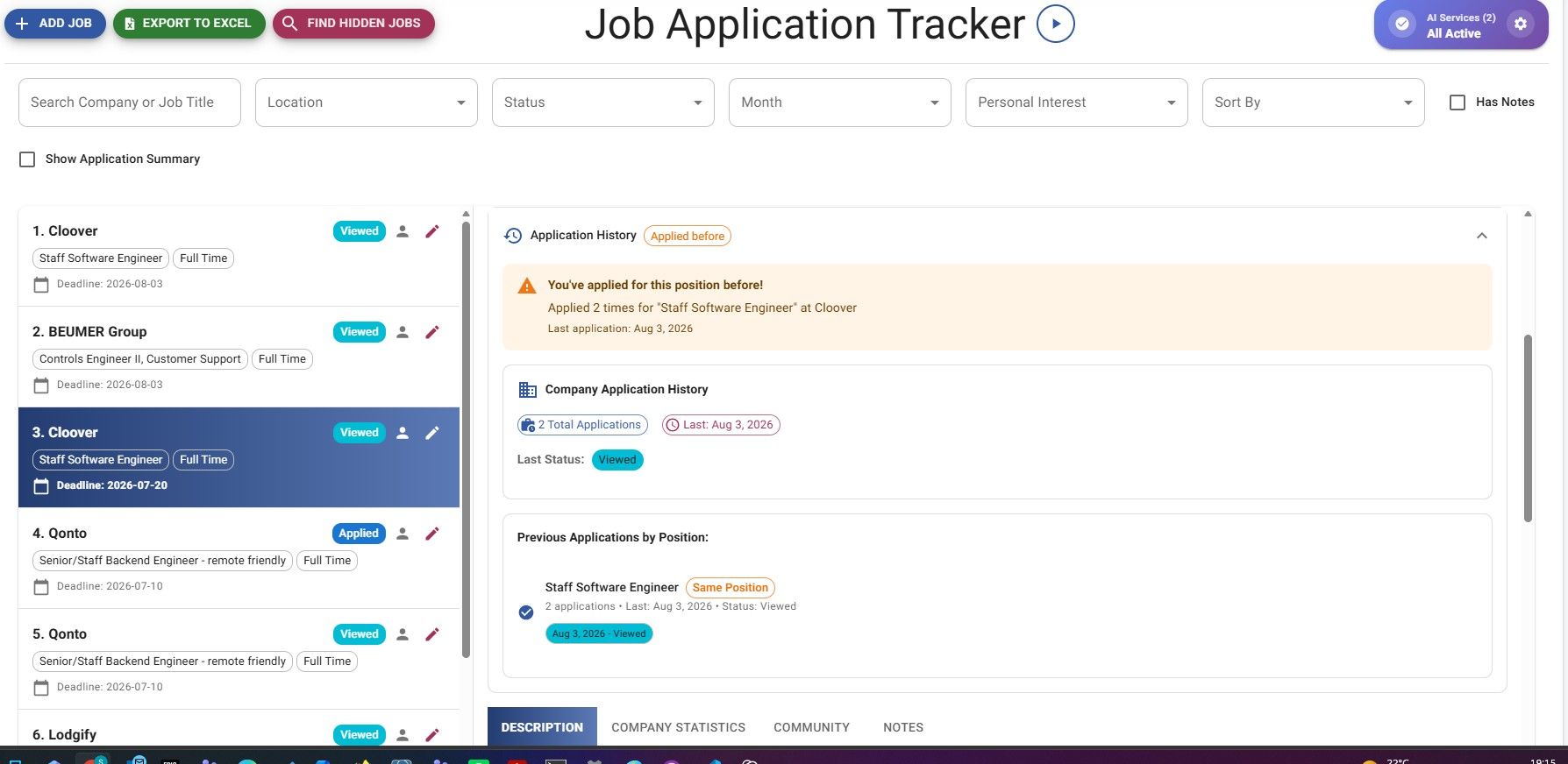 JobStacky Job Application Tracker - Job Application History List