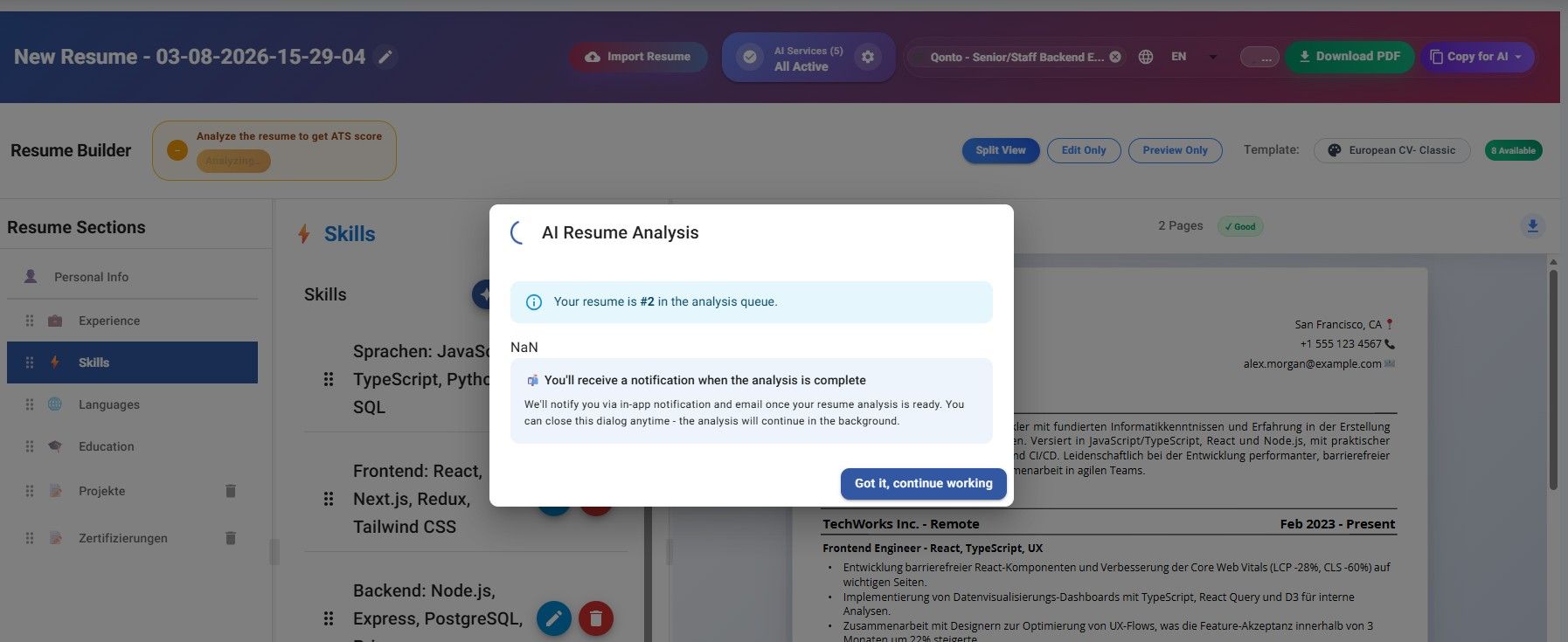 Jobstacky Resume Builder - Analyzing 