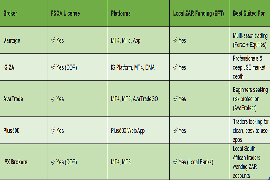 FSCA regulated brokers comparison table