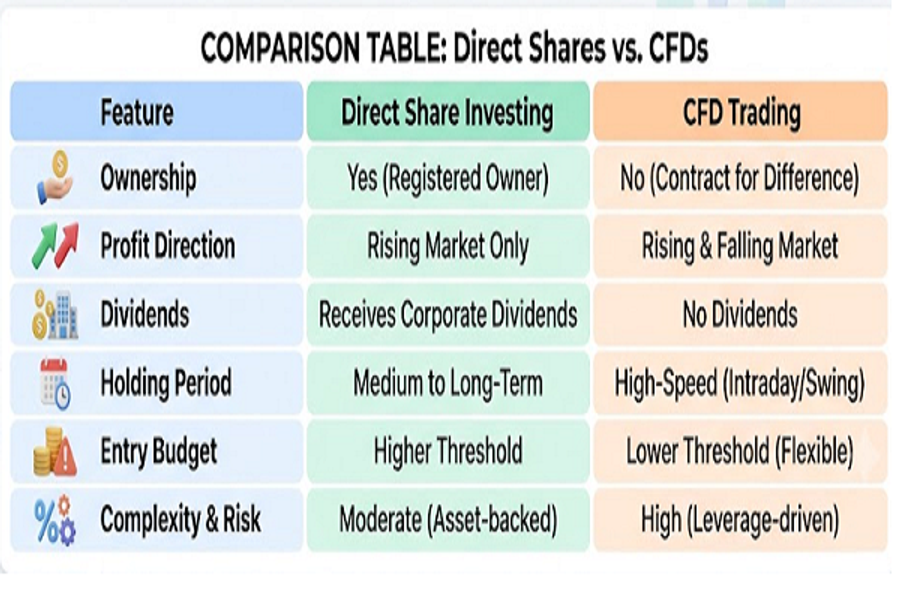 Comparison table direct investing vs CFD trading