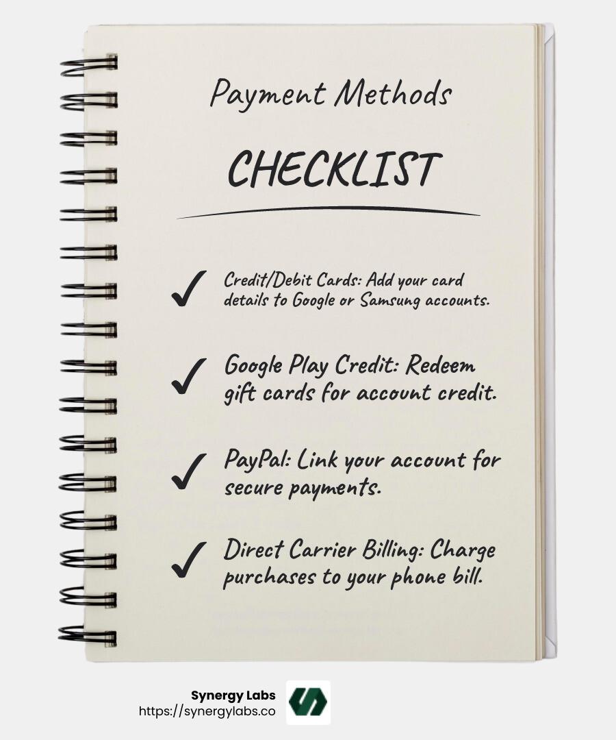 Payment Methods for Android Games - android games paid infographic checklist-notebook
