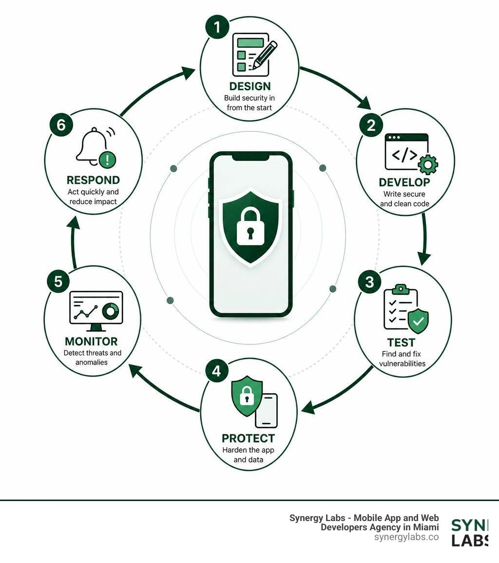 Mobile app security lifecycle: design, develop, test, protect, monitor, respond infographic