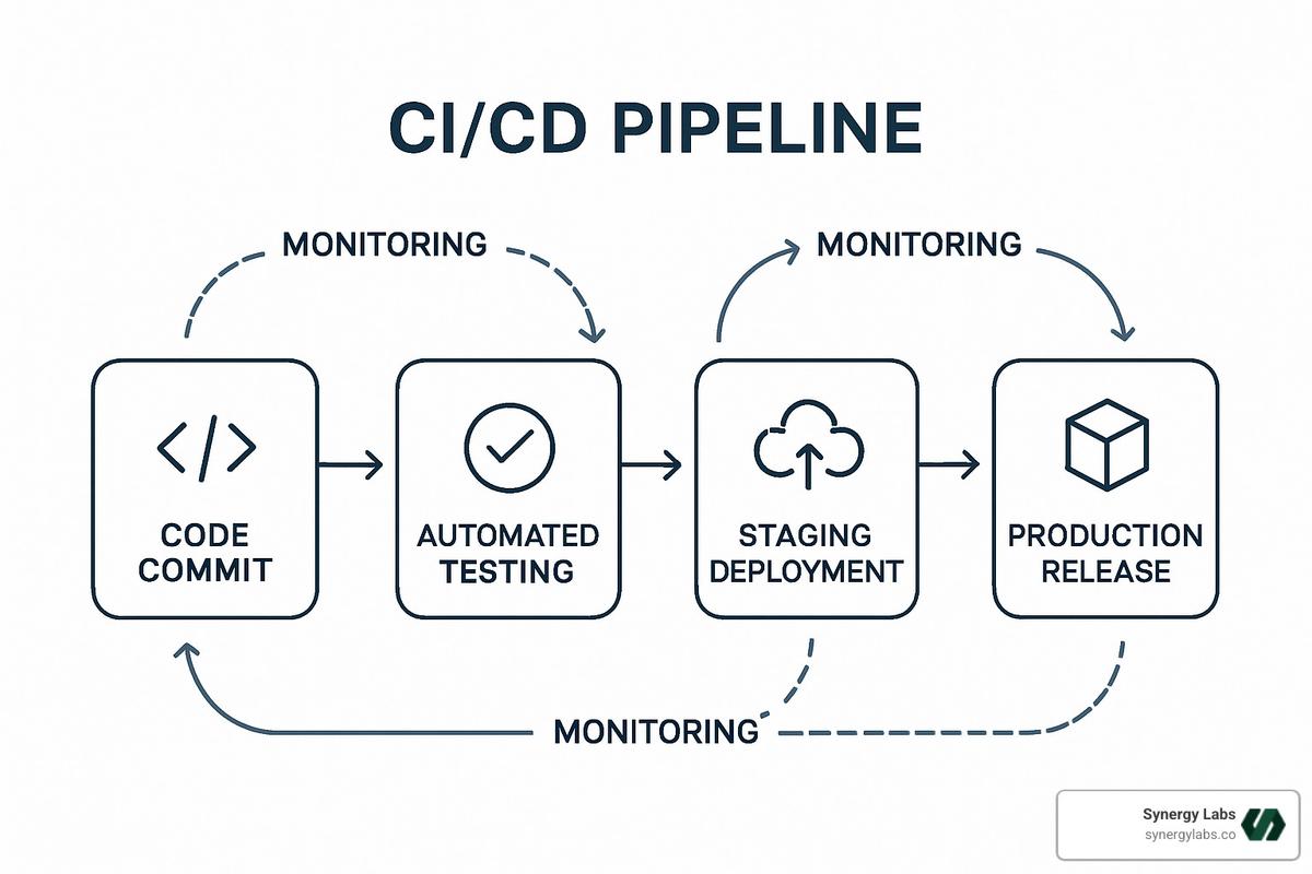 CI/CD pipeline diagram showing code commit, automated testing, staging deployment, and production release with monitoring feedback loops - app development for enterprise