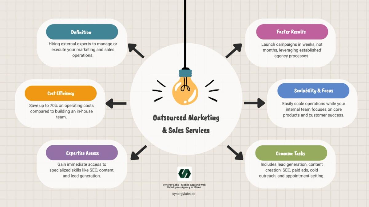 Infographic detailing what outsourced marketing and sales services entail, including key definitions, primary benefits like cost reduction and access to expertise, and common functions that can be outsourced such as lead generation, content creation, and appointment setting - outsourced marketing and sales services infographic brainstorm-6-items