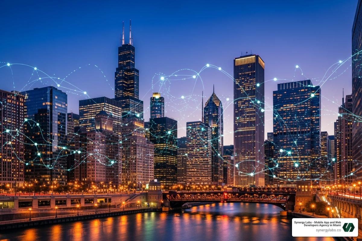 Chicago skyline with digital technology overlay - Chicago’s Competitive Edge: Building Secure Enterprise Apps in the Midwes