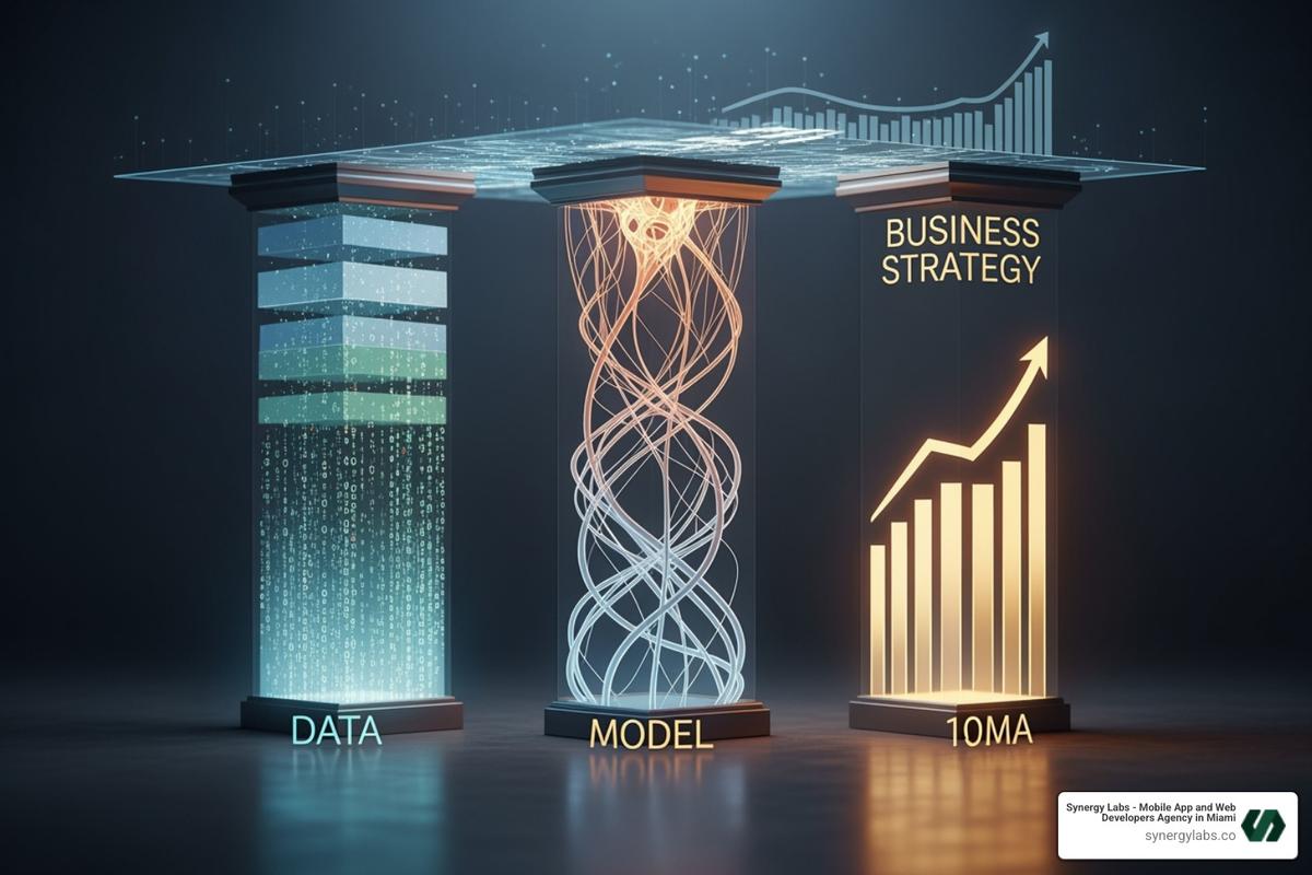 Diagram illustrating the three pillars of a defensible AI product - How GPT Wrappers Can Accelerate Your AI Product Development