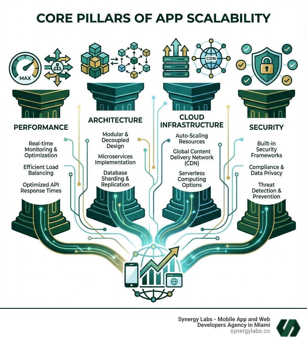 Infographic showing four interconnected pillars: Performance (with icons of speed gauges and load balancers), Architecture (with modular building blocks and microservices diagrams), Cloud Infrastructure (with auto-scaling servers and CDN networks), and Security (with shield icons and compliance checkmarks). Each pillar has 2-3 key metrics or strategies listed beneath it in dark, legible text. - What Makes an App Scalable? A Technical Guide for Growing Companies infographic 