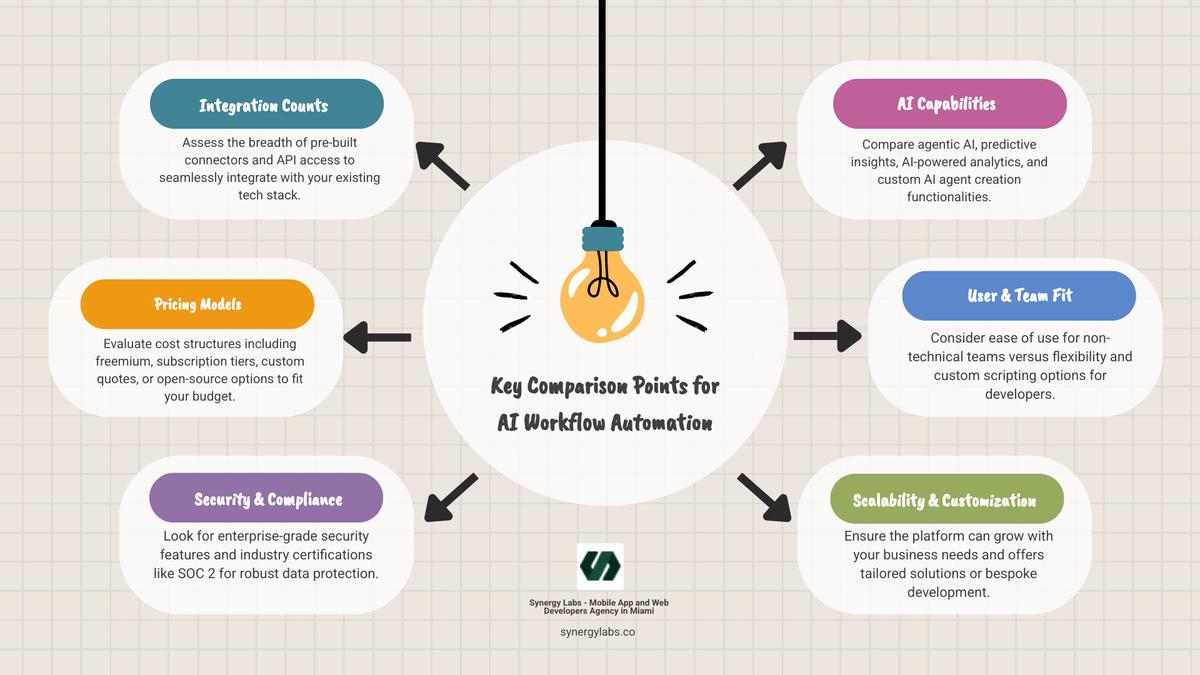 infographic showing comparison of key features across top AI workflow automation platforms including integration counts, pricing models, security certifications, AI capabilities, and ideal user types - 7 Best AI Workflow Automation Platforms for 2026 infographic brainstorm-6-items