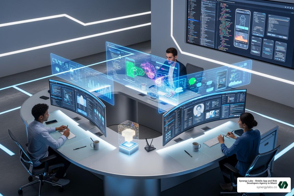 futuristic app development workspace - No-Code vs AI-Generated Apps: What Businesses Should Choose in 2026