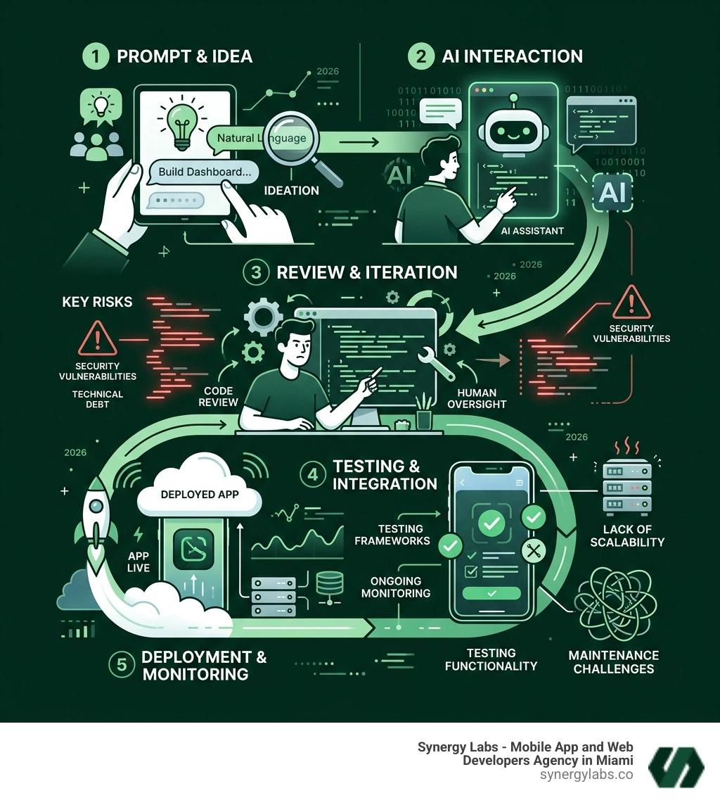 Vibe coding lifecycle infographic from prompt to deployed app with key steps and risks - Vibe Coding Developers infographic 