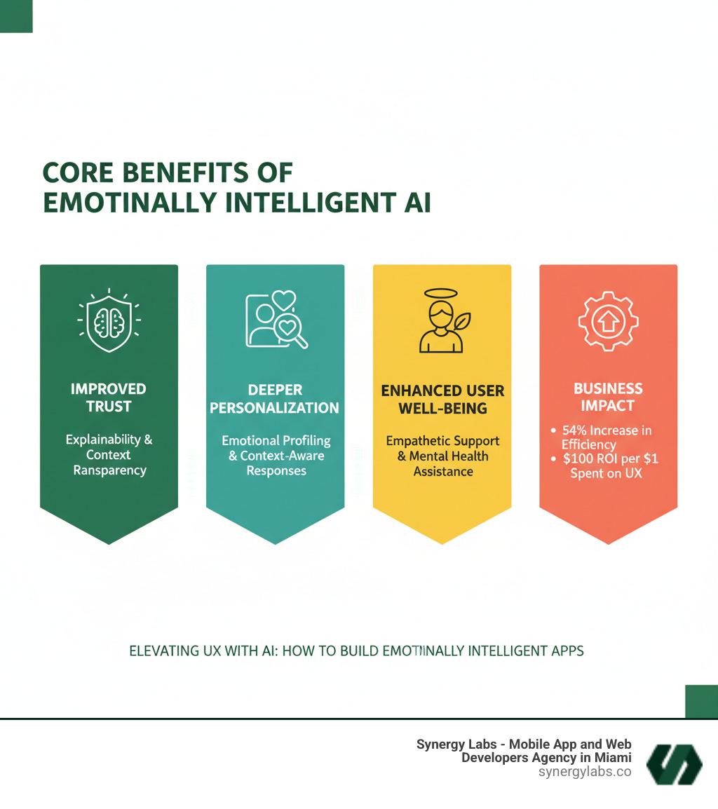 Infographic showing the core benefits of emotionally intelligent AI including improved trust through explainability and transparency, deeper personalization via emotional profiling and context-aware responses, enhanced user well-being through empathetic support and mental health assistance, and business impact with 54% increase in efficiency and $100 ROI per $1 spent on UX - Elevating UX with AI: How to Build Emotionally Intelligent Apps infographic 