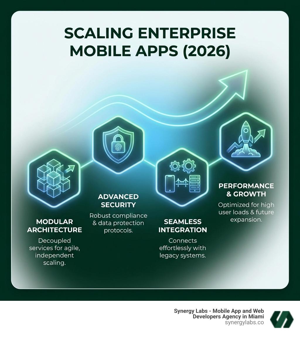Infographic explaining the key differences between consumer and enterprise mobile apps. It highlights that enterprise apps focus on strategic business functions, high security, complex integrations, scalability, compliance, and internal/business users, while consumer apps prioritize user acquisition, viral growth, and broad appeal. - Enterprise Mobile App Development: Scaling Solutions for Large Organizations infographic comparison-2-items-casual