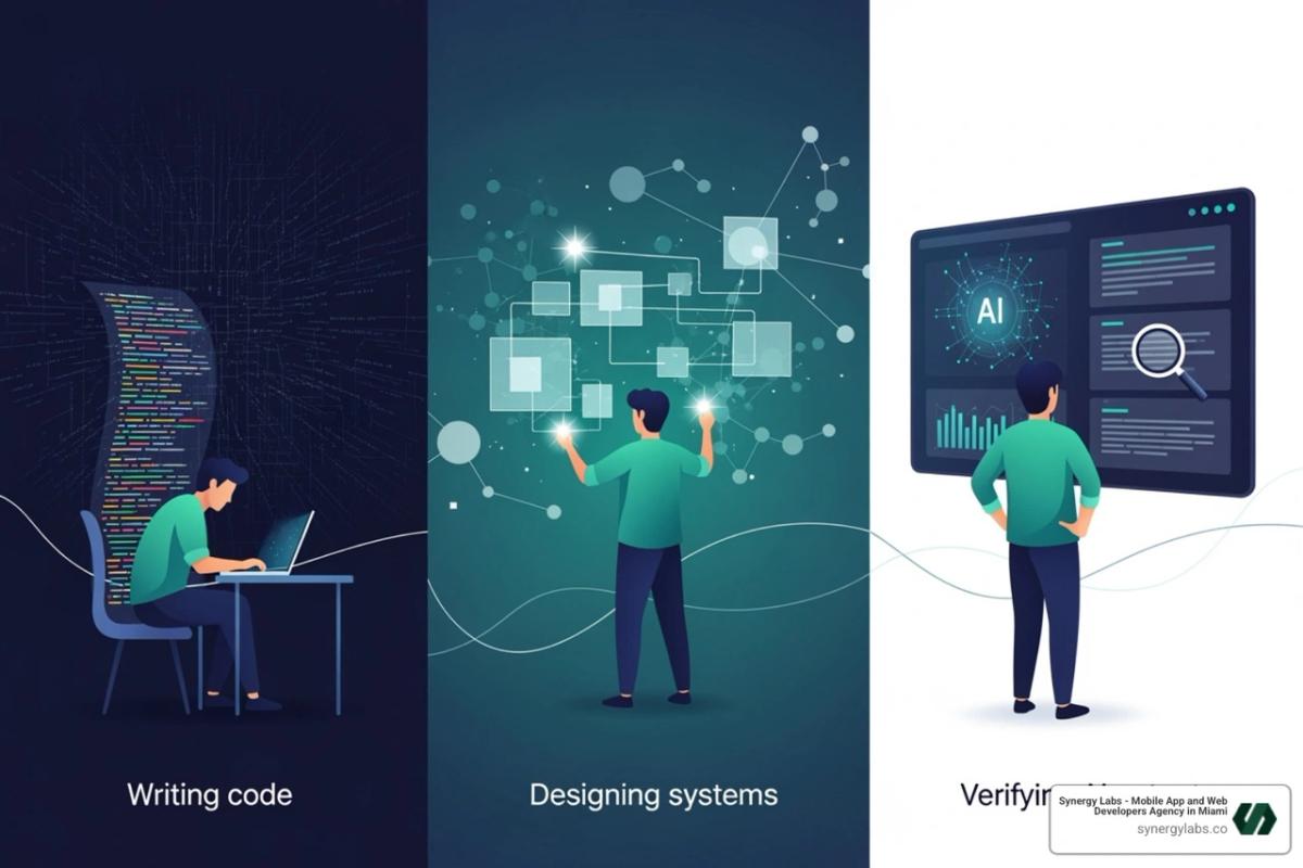 Image of a flowchart showing the developer's role shifting from 'writing code' to 'designing systems' and 'verifying AI output' - ⦁   Best vibe coding platforms of 2025