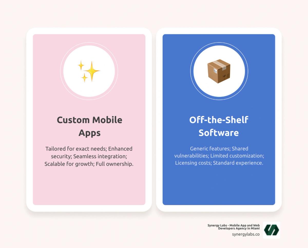 Infographic comparing custom mobile software development features against off-the-shelf software, highlighting unique benefits like perfect fit for specific workflows, improved security, seamless integration, scalability, and ownership for custom solutions versus generic features, shared vulnerabilities, limited customization, and licensing for off-the-shelf options - custom mobile software development infographic comparison-2-items-casual