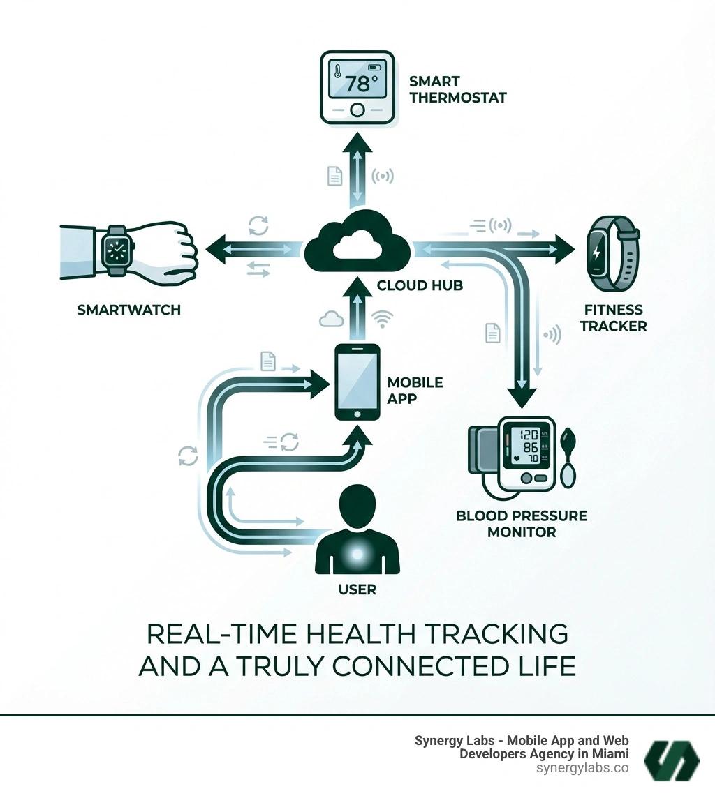 infographic showing a user at the center, connected to their mobile app via cloud, which links to a smartwatch on their wrist, a smart home thermostat, a fitness tracker, and a blood pressure monitor, with bidirectional arrows showing real-time data flow and sync between all devices - Wearable & IoT Integration in Mobile Apps: Real-Time Health Tracking and a Truly Connected Life infographic 