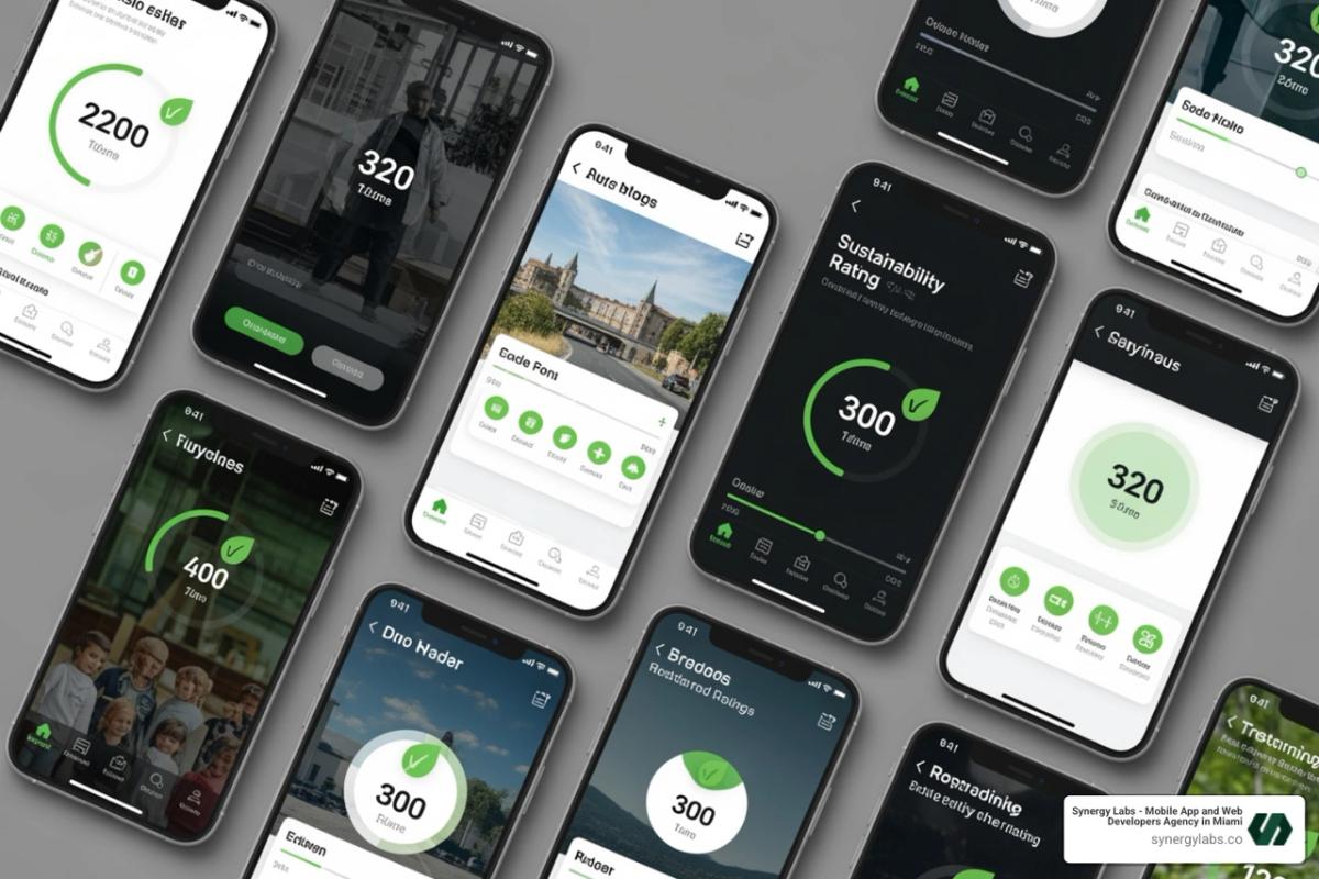 collage of different app interfaces showing sustainability ratings - app that rates how environmentally friendly companies are