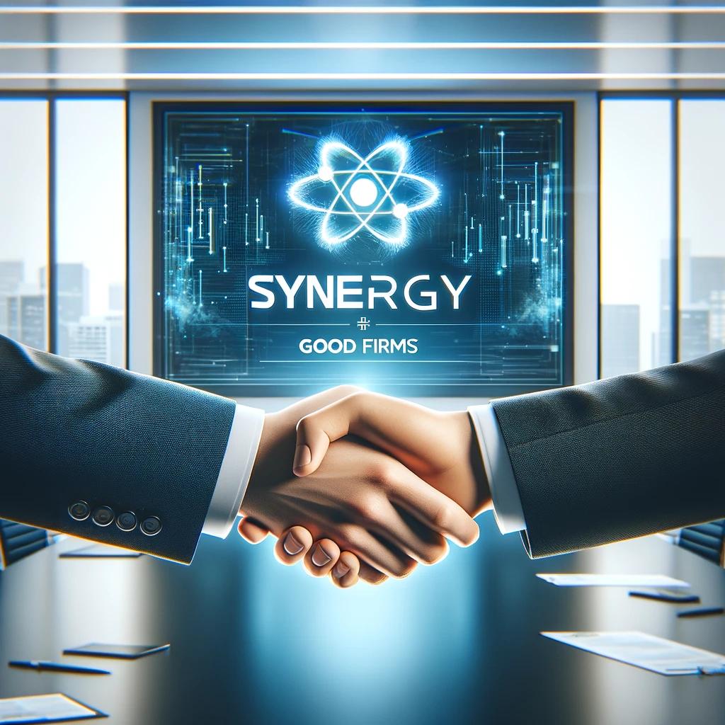 A professional and sleek office setting featuring two hands shaking to symbolize partnership. In the background, a digital display shows the names of Synergy Lab and GoodFirms together, highlighting their new collaboration, but without any logos. The scene emphasizes cooperation and innovation, with a bright and corporate atmosphere, clean lines, and a contemporary design that reinforces the importance of this partnership.