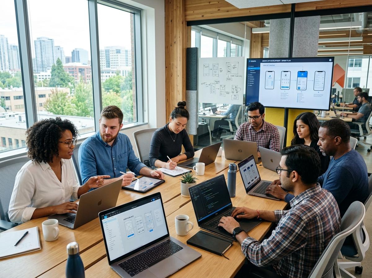 A diverse team of developers and designers collaborating on a mobile app interface - hire mobile app developers