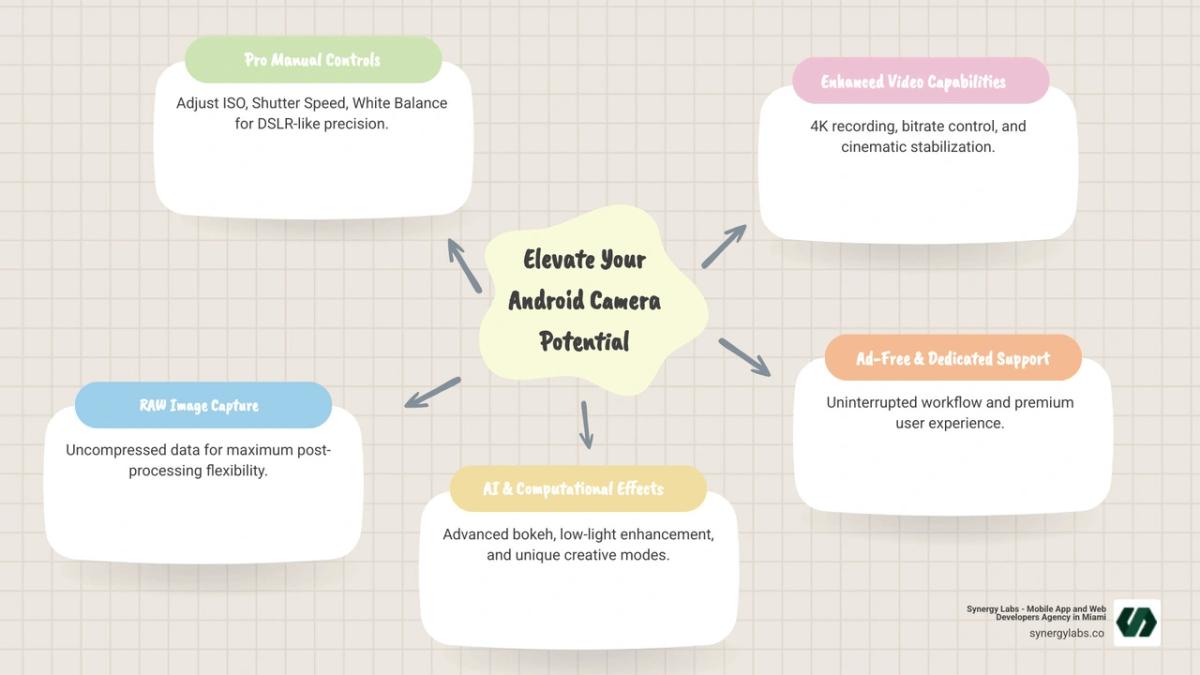 Infographic detailing the features and benefits of top paid camera apps for Android including manual controls, RAW capture, AI improvements, and specific app examples. - top paid camera apps for android infographic mindmap-5-items