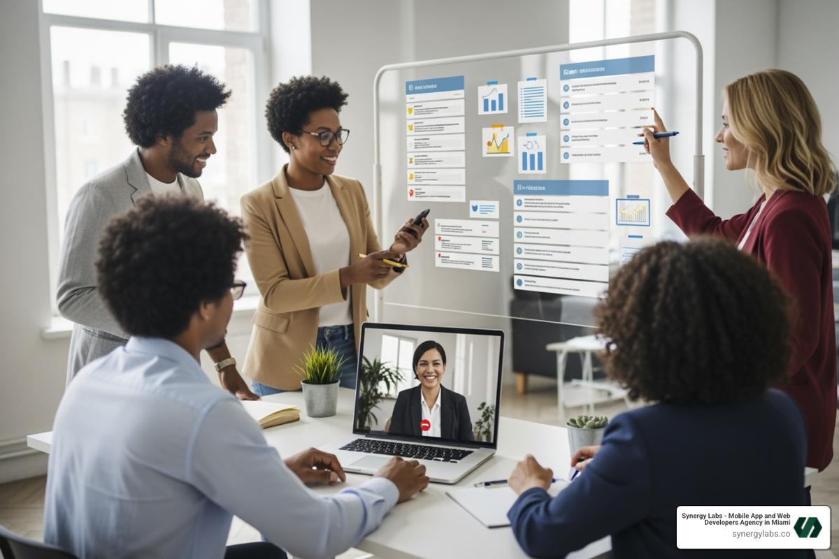 Team collaborating over video call and project board - App Developers Chicago: Top 10 Questions to Ask Before You Hire