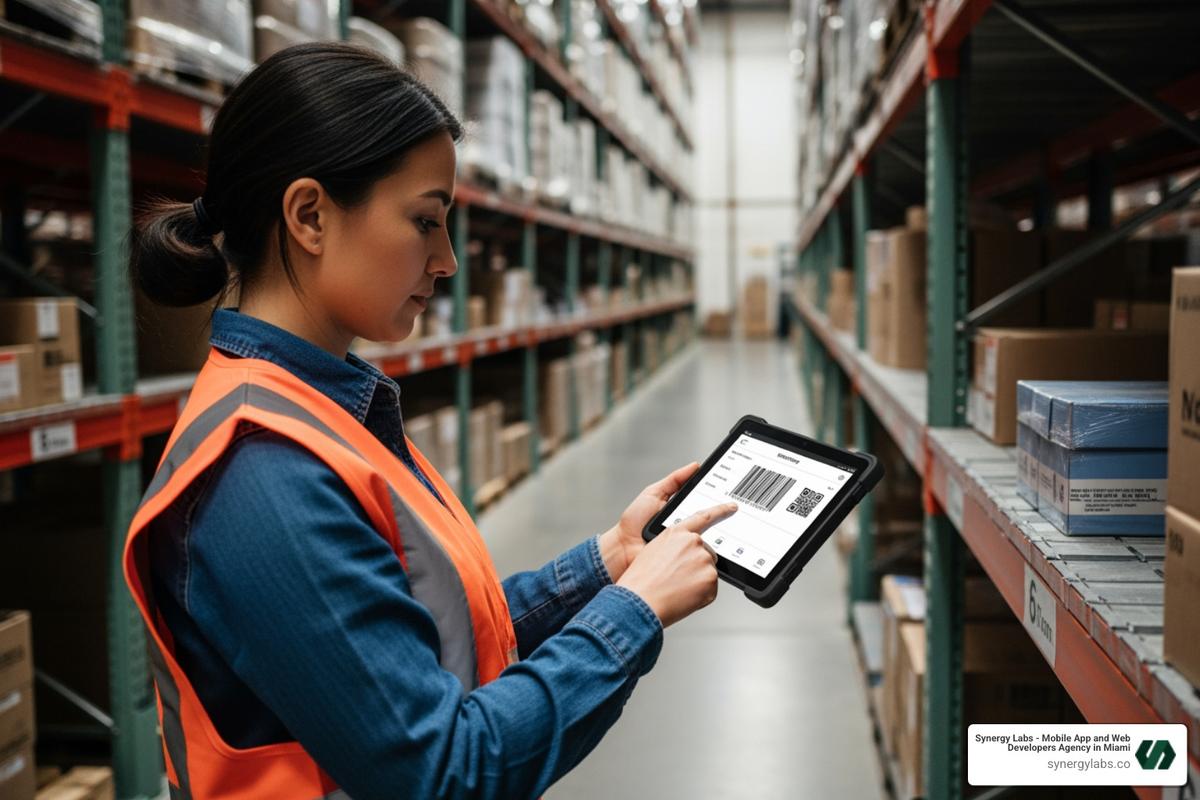 A warehouse worker using a rugged tablet app for inventory management, demonstrating real-world application of enterprise mobile apps - Enterprise Mobile App Development: Scaling Solutions for Large Organizations