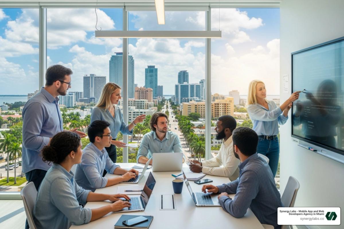 A diverse team of developers collaborating in a modern office with a view of a Florida city skyline - custom web & mobile app development company florida