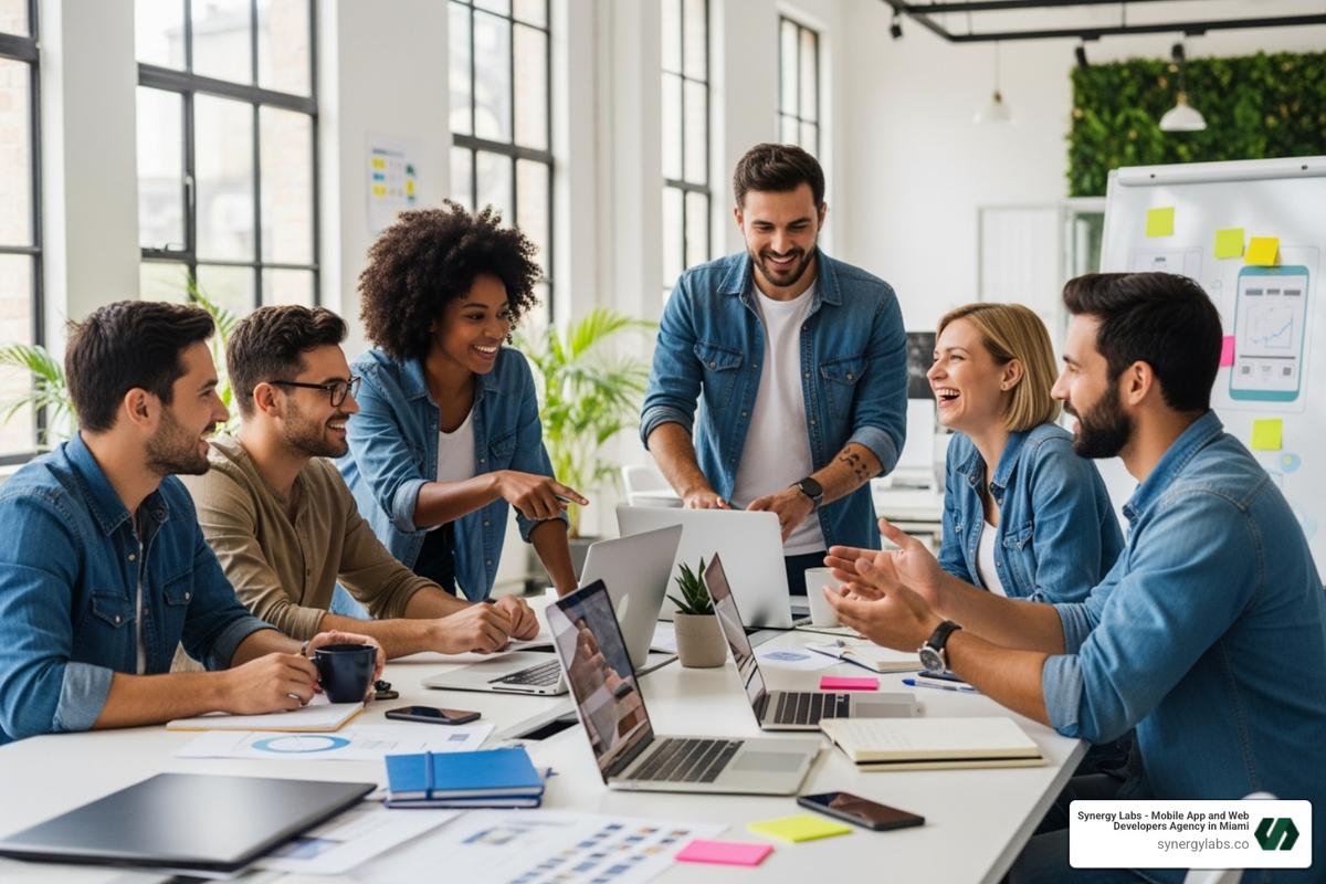 of a team collaborating in a relaxed, modern environment - Cost advantages of Phoenix vs Silicon Valley for Mobile Dev Companies