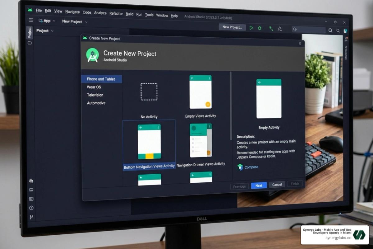 Android Studio "New Project" wizard screen with Empty Activity selected - android studio html css javascript