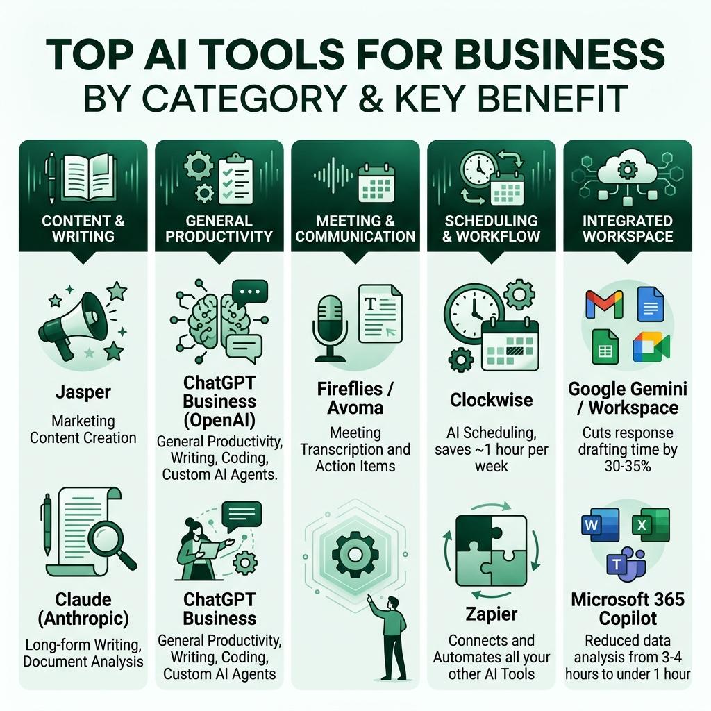 Top AI tools for business by category and key benefit infographic - ai tools for business infographic 