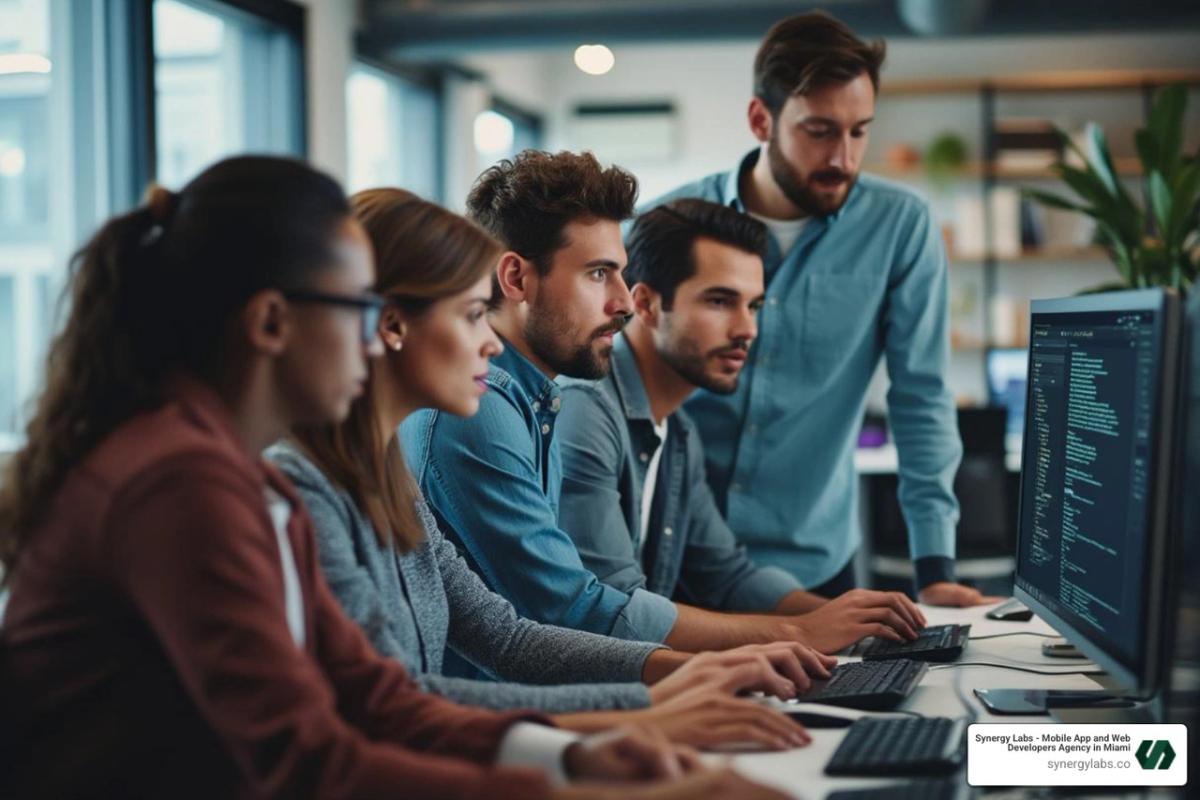 development team collaborating - custom mobile software development