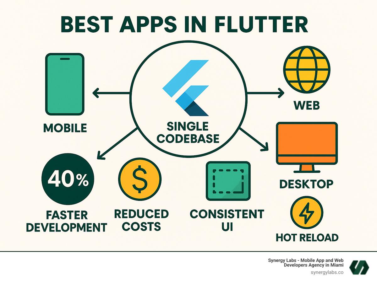 Infographic showing Flutter's single codebase approach powering mobile, web, and desktop applications with benefits including 40% faster development, reduced costs, consistent UI across platforms, and hot reload feature for instant updates - best apps in flutter infographic 