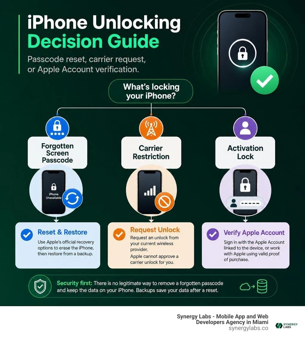 iPhone unlocking decision guide: passcode reset, carrier request, or Apple Account verification infographic