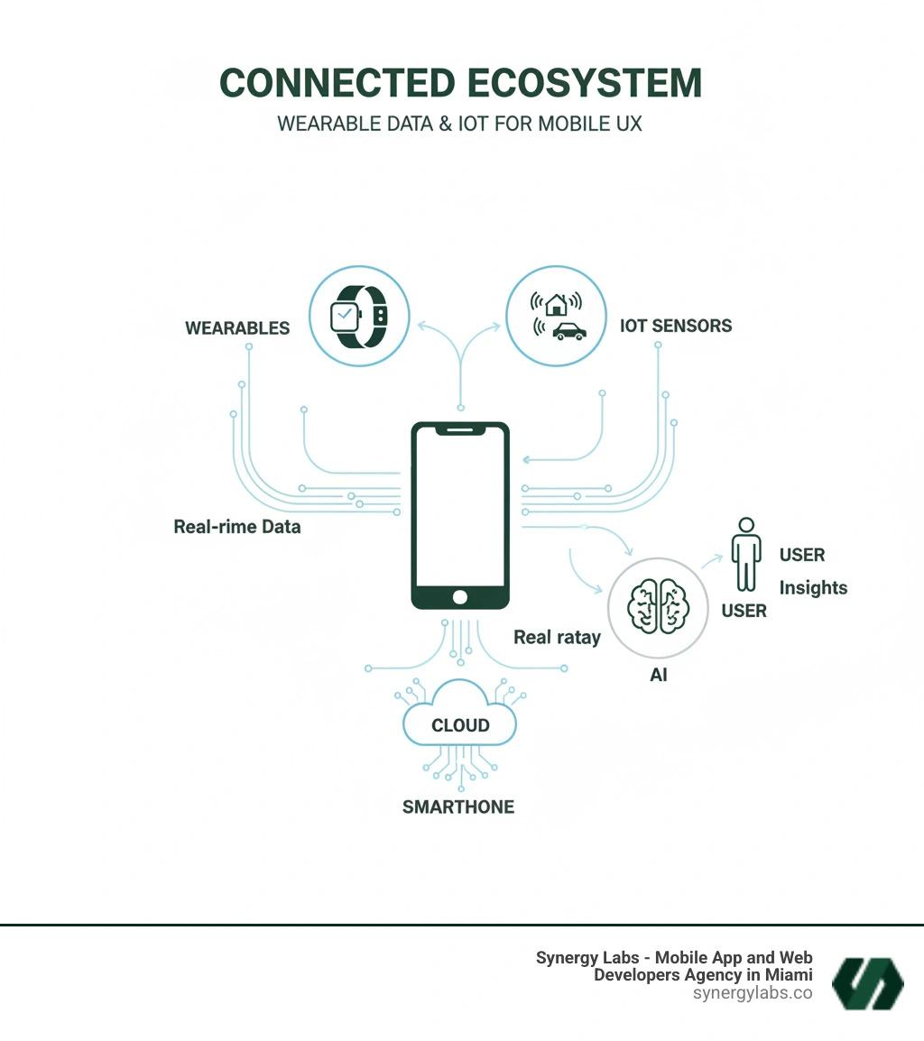 infographic showing the connected ecosystem of wearables IoT sensors smartphone cloud AI and user with data flowing between devices in real time - The Future of Mobile UX: Wearable Data, IoT Sensors, and Always-On Insights infographic 