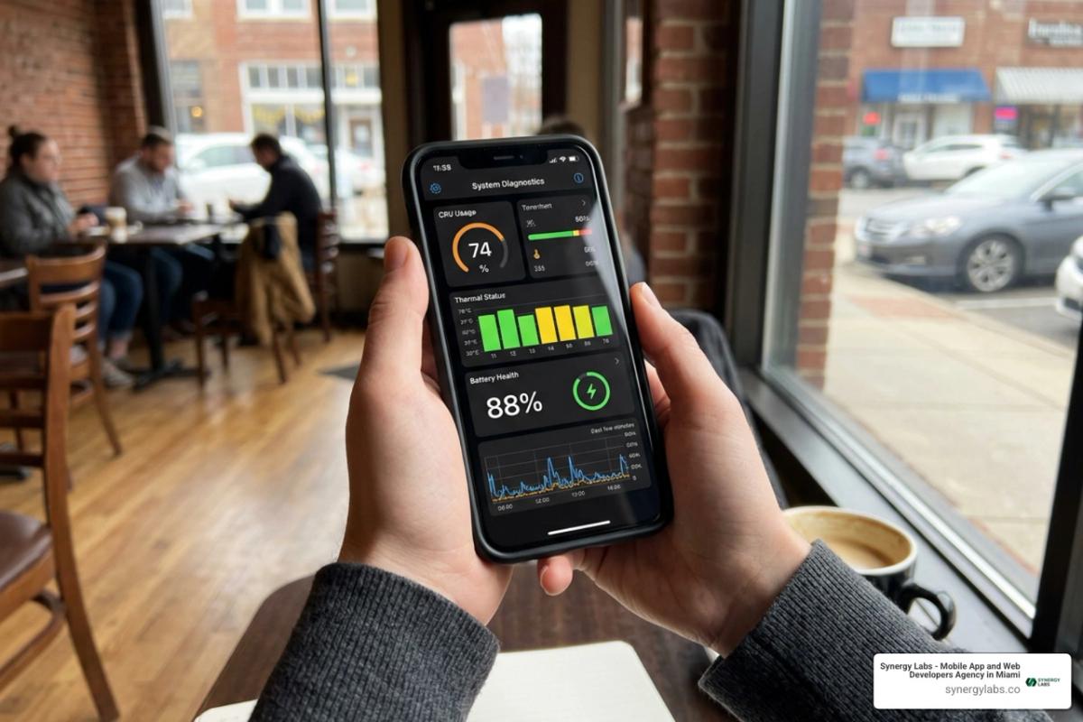Mobile device performance diagnostic screen showing CPU usage, thermal status, and battery health