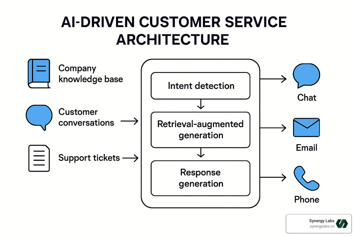 AI customer service architecture showing data sources, processing layers, and output channels - ai driven customer service