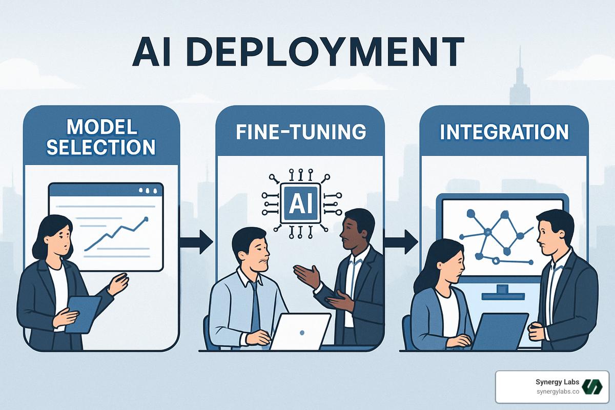 AI deployment workflow showing model selection, fine-tuning, and integration - custom ai integration