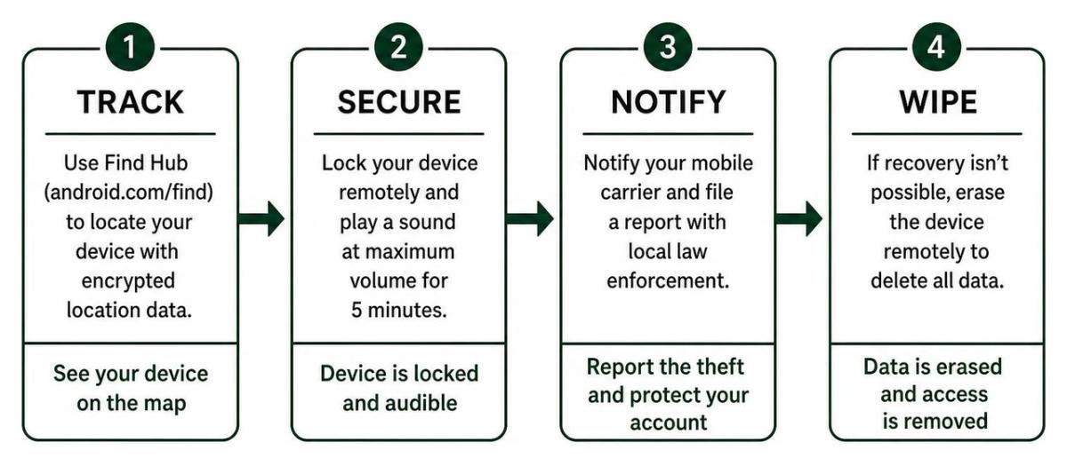 Post-theft recovery workflow: Track, Secure, Notify, Wipe
