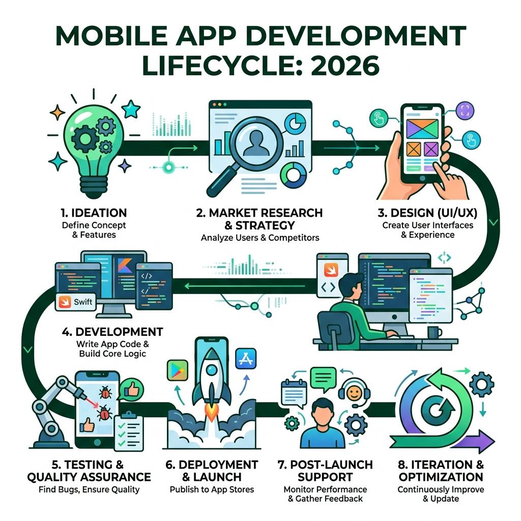 Mobile app development lifecycle infographic for 2026 showing stages from ideation to post-launch support - hire mobile app