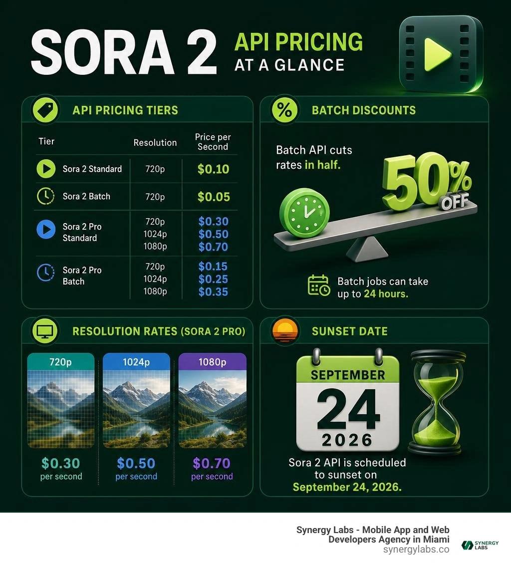 Sora 2 API pricing tiers, Batch discounts, resolution rates, and September 2026 sunset infographic