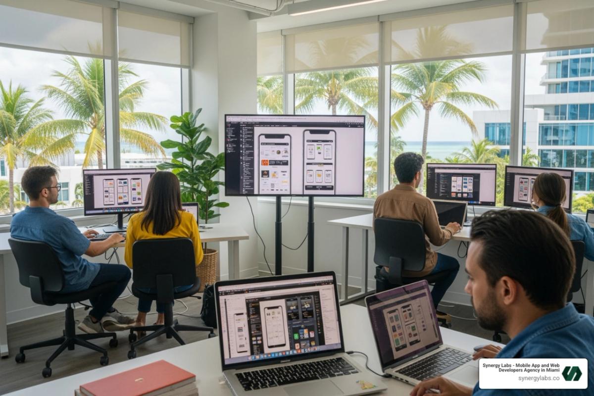 A modern collaborative workspace in Miami where developers and designers are working together on mobile app wireframes. The environment is bright and tech-focused, reflecting the "Silicon Beach" culture. - mobile app developer miami