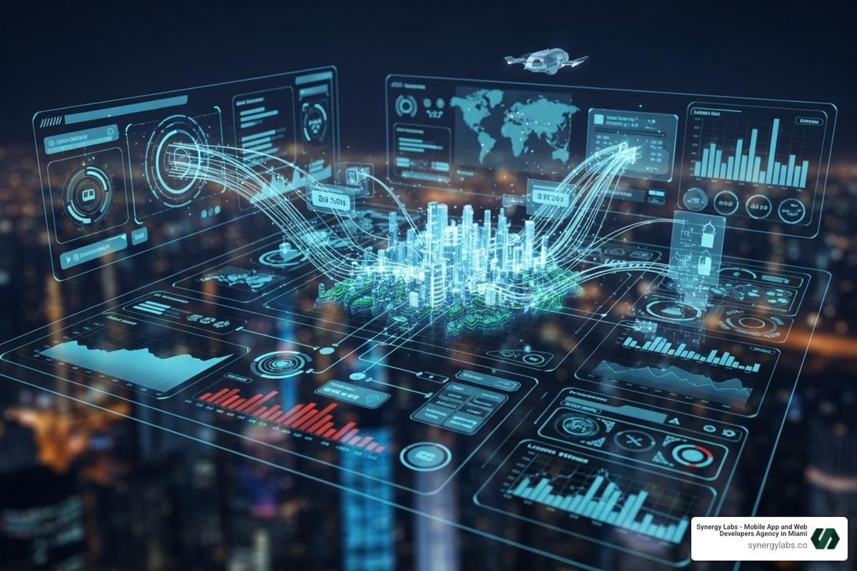 A futuristic dashboard showing interconnected, efficient systems, with data flowing seamlessly between various applications and devices. - Best Practices for Legacy System Modernization in 2026