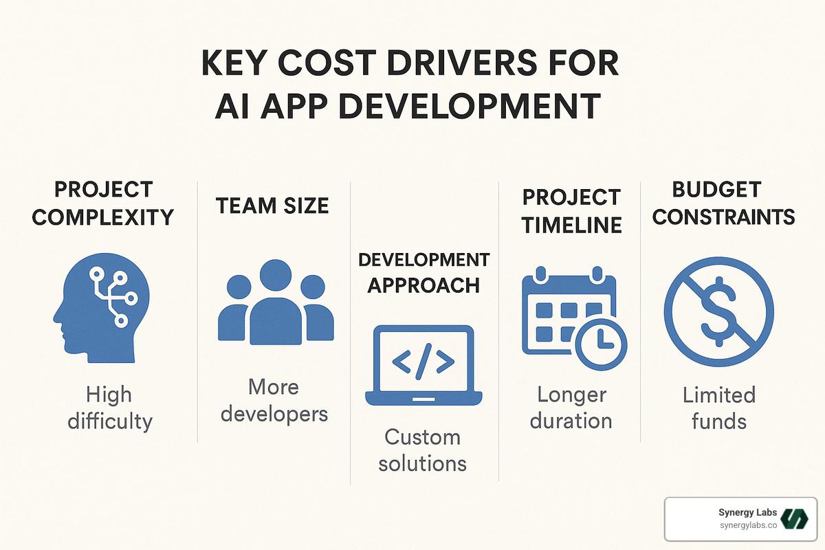 Cost drivers for AI app development showing various factors that influence pricing - Rork AI pricing