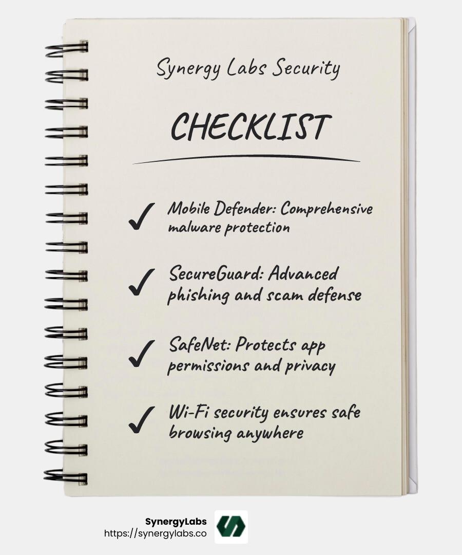 Mobile security infographic detailing features of Synergy Labs solutions, including Mobile Defender, SecureGuard, and SafeNet - mobile security software infographic checklist-notebook
