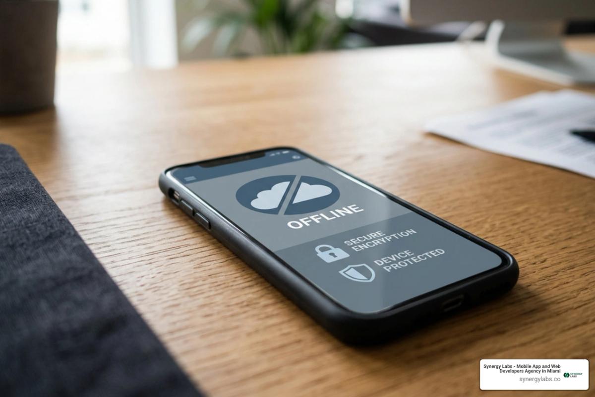 Smartphone on a table displaying an offline status icon with security indicators