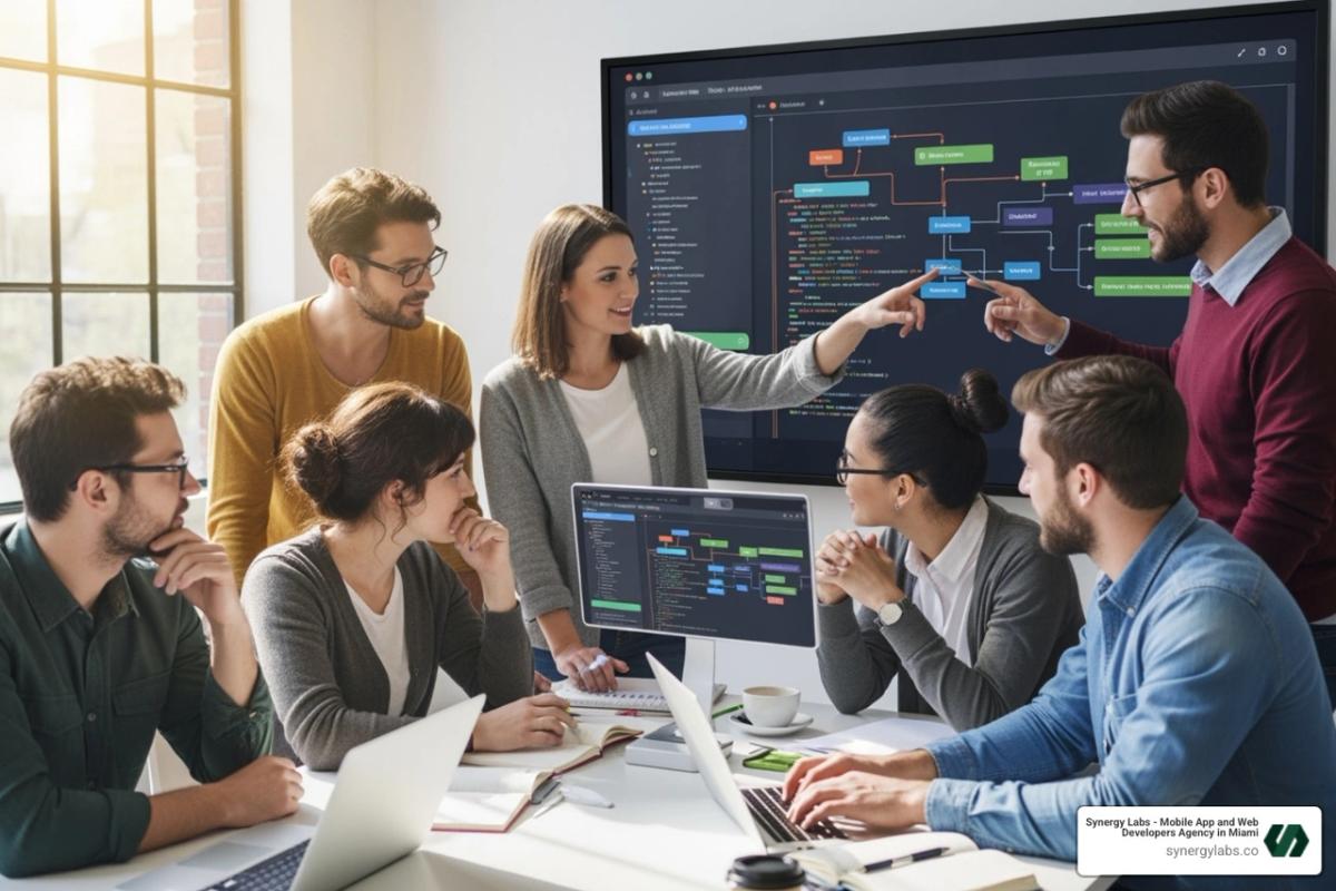 Image of a diverse team collaborating around a screen showing an AI-powered development tool - ⦁  Best vibe coding platforms of 2025