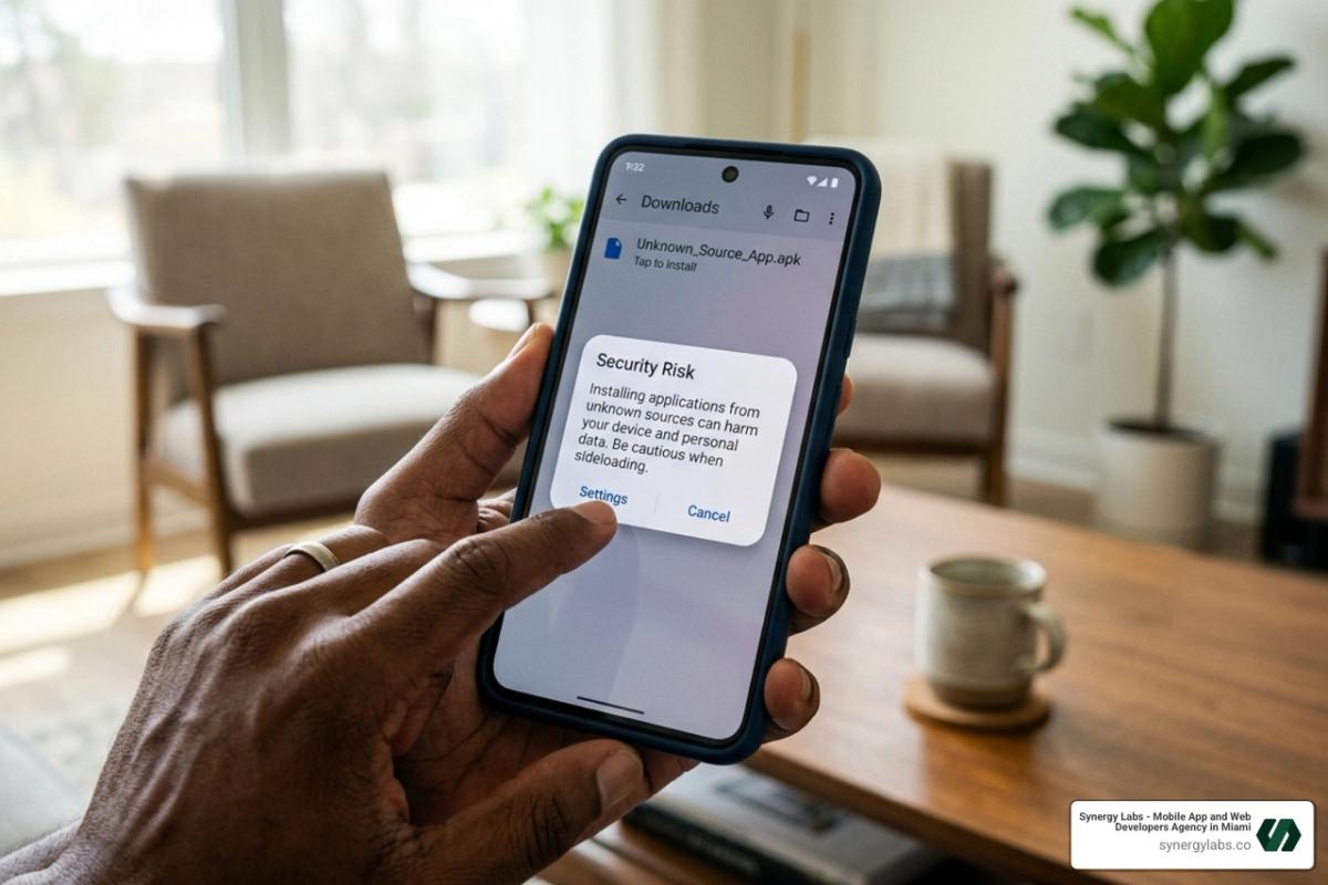 User sideloading an app on an Android device with a warning message appearing - best free virus protection for android phone
